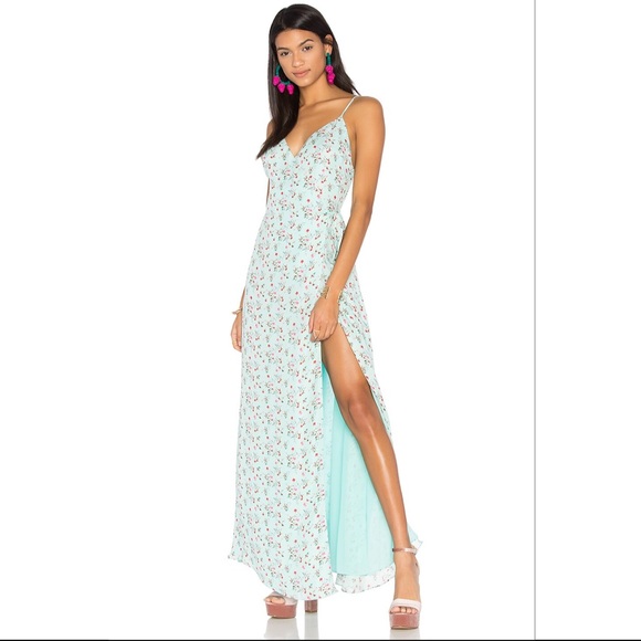Revolve LPA | 100% Silk Floral Mint Wrap Maxi Dress Size: Medium - Picture 1 of 9